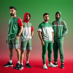A stylish men's sportswear collection inspired by the Iranian flag, featuring its vibrant green, white, and red colors