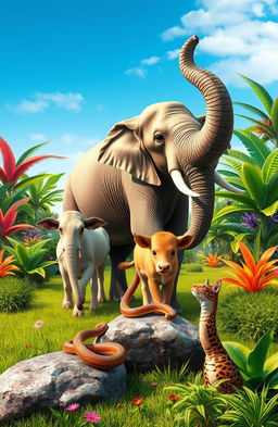 A vibrant and lively scene depicting a majestic elephant, a gentle Indian cow, a sleek snake, and a playful Indian cat interacting harmoniously in a lush, green landscape