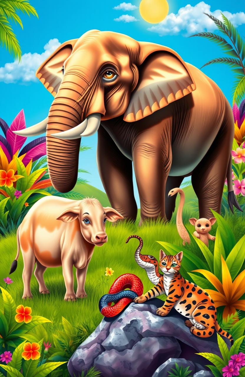 A vibrant and lively scene depicting a majestic elephant, a gentle Indian cow, a sleek snake, and a playful Indian cat interacting harmoniously in a lush, green landscape