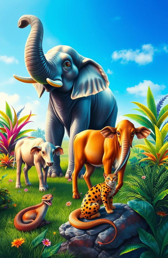 A vibrant and lively scene depicting a majestic elephant, a gentle Indian cow, a sleek snake, and a playful Indian cat interacting harmoniously in a lush, green landscape