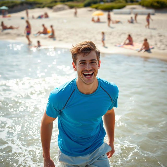 A playful scene by the water, featuring a joyful man splashing in the shallow waves, with bright sunlight reflecting on the surface