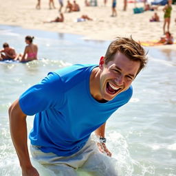 A playful scene by the water, featuring a joyful man splashing in the shallow waves, with bright sunlight reflecting on the surface