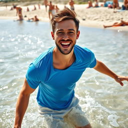 A playful scene by the water, featuring a joyful man splashing in the shallow waves, with bright sunlight reflecting on the surface
