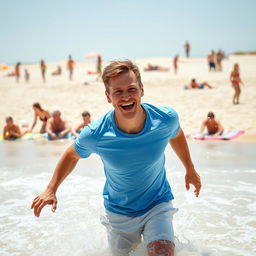 A playful scene by the water, featuring a joyful man splashing in the shallow waves, with bright sunlight reflecting on the surface