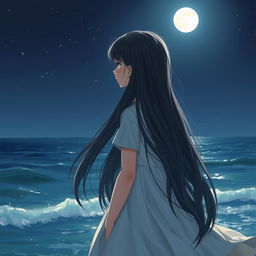A realistic depiction of a girl with long, flowing hair, gazing thoughtfully at the sea under the soft glow of the moonlight