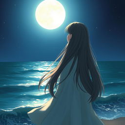 A realistic depiction of a girl with long, flowing hair, gazing thoughtfully at the sea under the soft glow of the moonlight