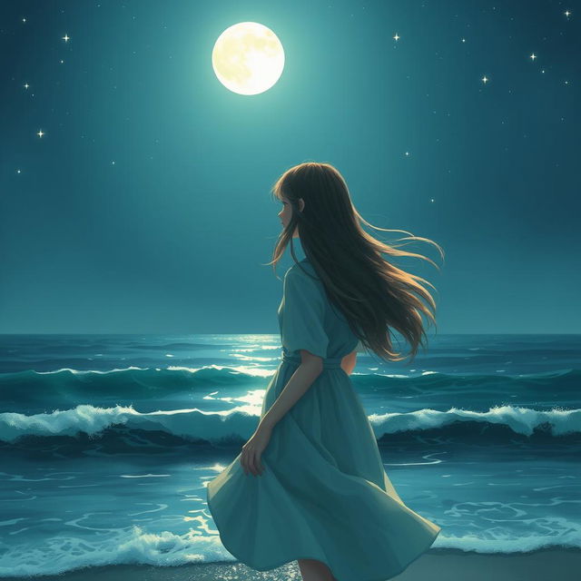 A realistic depiction of a girl with long, flowing hair, gazing thoughtfully at the sea under the soft glow of the moonlight