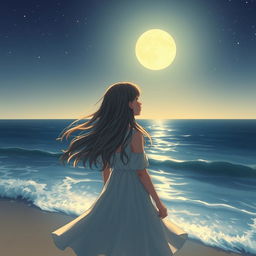 A realistic depiction of a girl with long, flowing hair, gazing thoughtfully at the sea under the soft glow of the moonlight