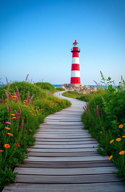 A picturesque scene featuring a boardwalk path winding through lush greenery that leads to a charming lighthouse standing tall against a clear blue sky
