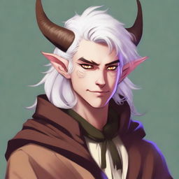 This digital art image portrays a young tiefling with fluffy, mullet-length white hair styled half up, half down with curtain bangs