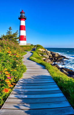 A picturesque scene featuring a boardwalk path winding through lush greenery that leads to a charming lighthouse standing tall against a clear blue sky