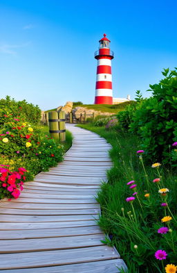 A picturesque scene featuring a boardwalk path winding through lush greenery that leads to a charming lighthouse standing tall against a clear blue sky