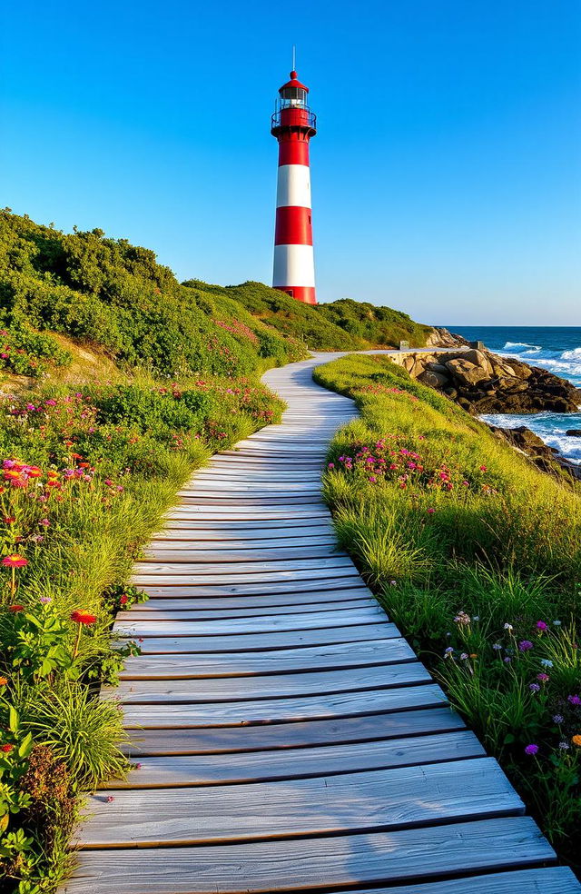 A picturesque scene featuring a boardwalk path winding through lush greenery that leads to a charming lighthouse standing tall against a clear blue sky