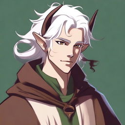 This digital art image portrays a young tiefling with fluffy, mullet-length white hair styled half up, half down with curtain bangs