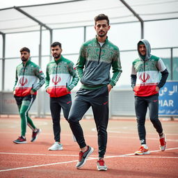 A dynamic and stylish men's sportswear collection inspired by the Iranian flag, incorporating its vibrant colors of green, white, and red