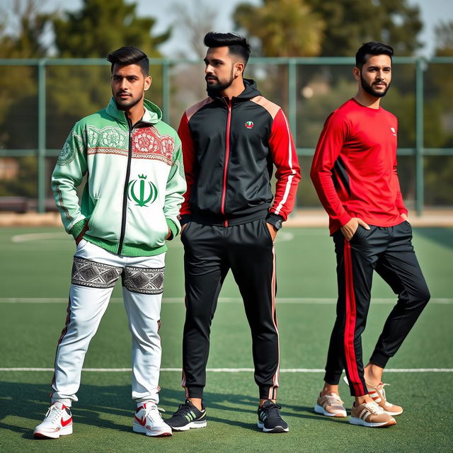 A dynamic and stylish men's sportswear collection inspired by the Iranian flag, incorporating its vibrant colors of green, white, and red