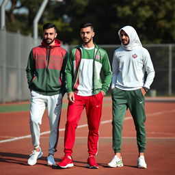 A dynamic and stylish men's sportswear collection inspired by the Iranian flag, incorporating its vibrant colors of green, white, and red