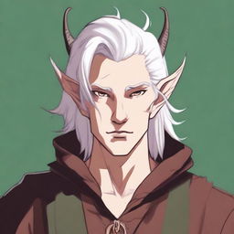 This digital art image portrays a young tiefling with fluffy, mullet-length white hair styled half up, half down with curtain bangs