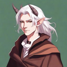 This digital art image portrays a young tiefling with fluffy, mullet-length white hair styled half up, half down with curtain bangs