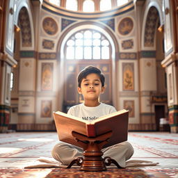 A serene scene of a young boy named 'Md Sofar' reciting the Holy Quran with love and devotion inside a grand mosque