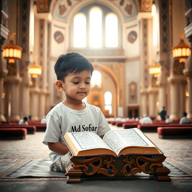 A serene scene of a young boy named 'Md Sofar' reciting the Holy Quran with love and devotion inside a grand mosque