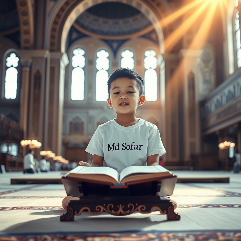 A serene scene of a young boy named 'Md Sofar' reciting the Holy Quran with love and devotion inside a grand mosque