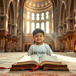 A serene scene of a young boy named 'Md Sofar' reciting the Holy Quran with love and devotion inside a grand mosque