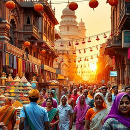A traditional Indian scene featuring a vibrant street market bustling with activity