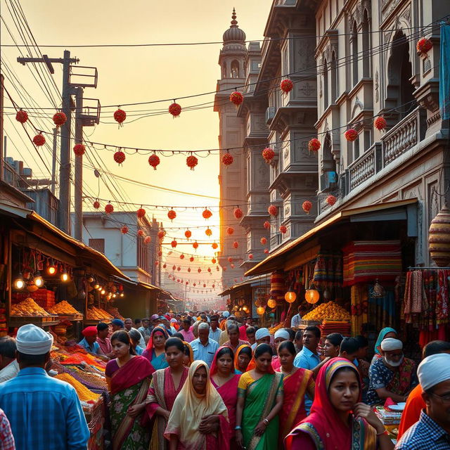 A traditional Indian scene featuring a vibrant street market bustling with activity