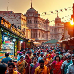 A traditional Indian scene featuring a vibrant street market bustling with activity