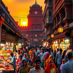 A traditional Indian scene featuring a vibrant street market bustling with activity