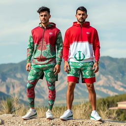 A collection of men's sportswear inspired by the Iranian flag, featuring its vibrant colors of green, white, and red in dynamic patterns