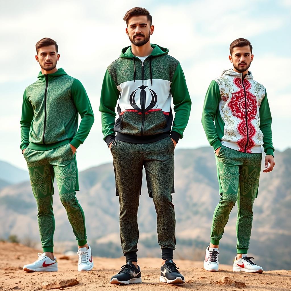 A collection of men's sportswear inspired by the Iranian flag, featuring its vibrant colors of green, white, and red in dynamic patterns