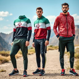 A collection of men's sportswear inspired by the Iranian flag, featuring its vibrant colors of green, white, and red in dynamic patterns