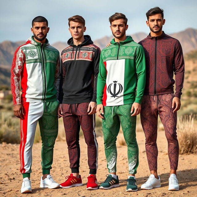 A collection of men's sportswear inspired by the Iranian flag, featuring its vibrant colors of green, white, and red in dynamic patterns