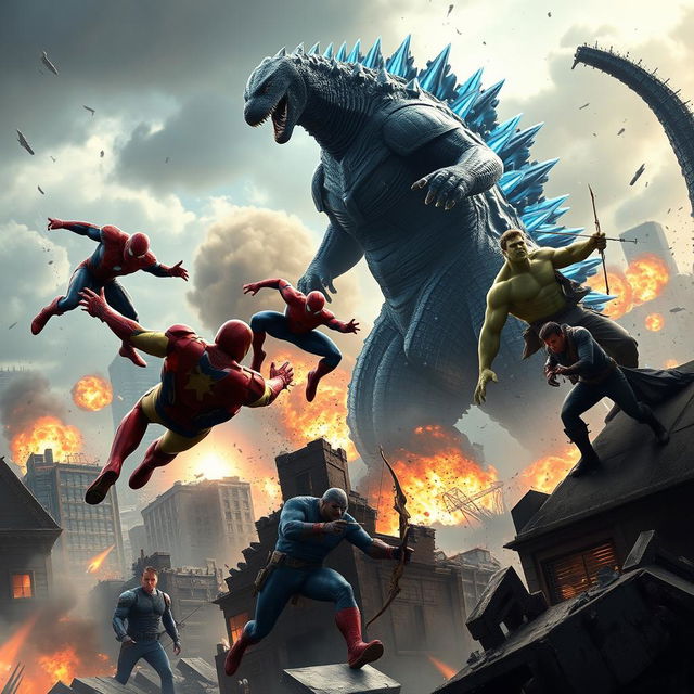 A realistic and dynamic scene depicting an epic battle between the Avengers and Godzilla in a devastated New York City