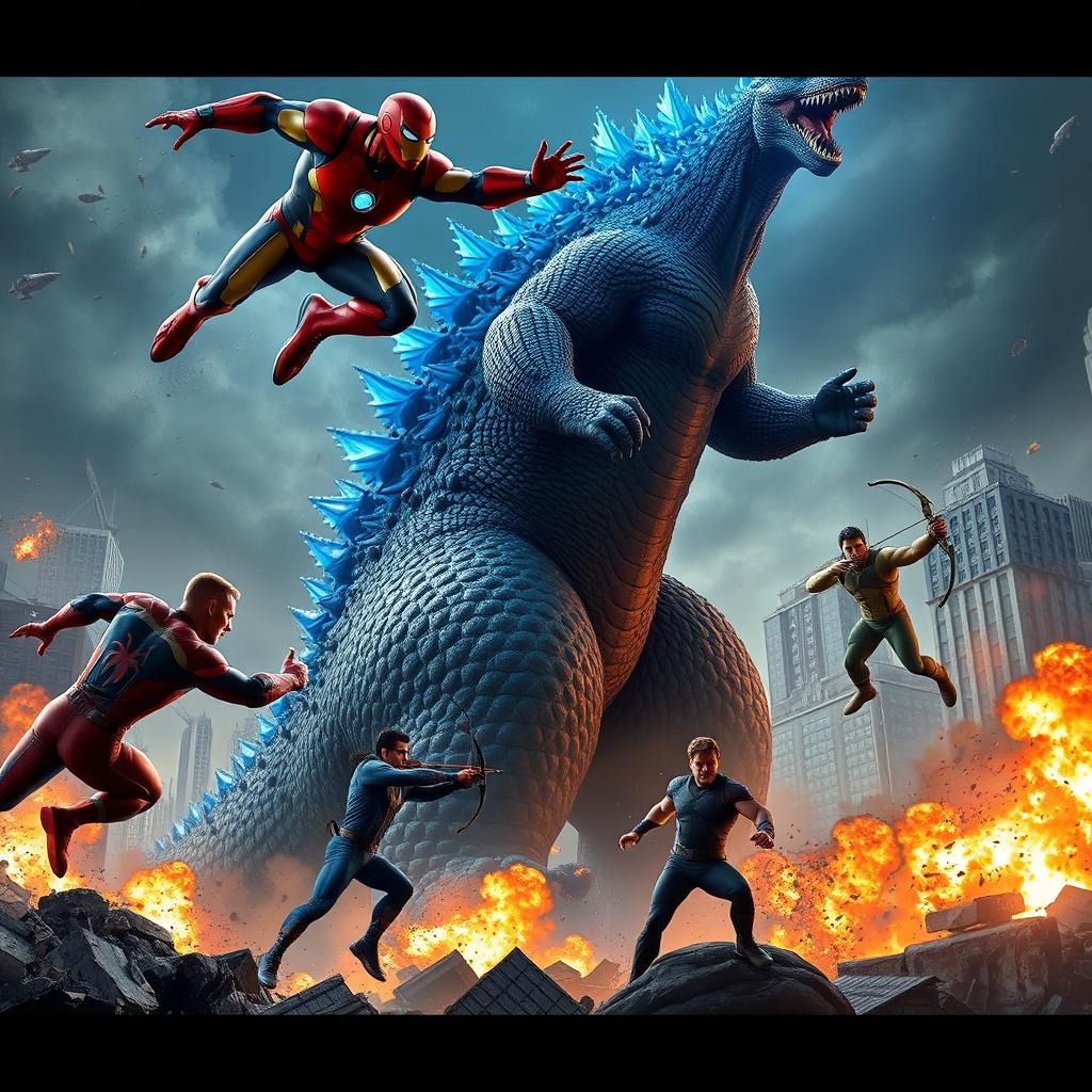 A realistic and dynamic scene depicting an epic battle between the Avengers and Godzilla in a devastated New York City