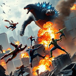 A realistic and dynamic scene depicting an epic battle between the Avengers and Godzilla in a devastated New York City