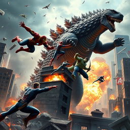 A realistic and dynamic scene depicting an epic battle between the Avengers and Godzilla in a devastated New York City