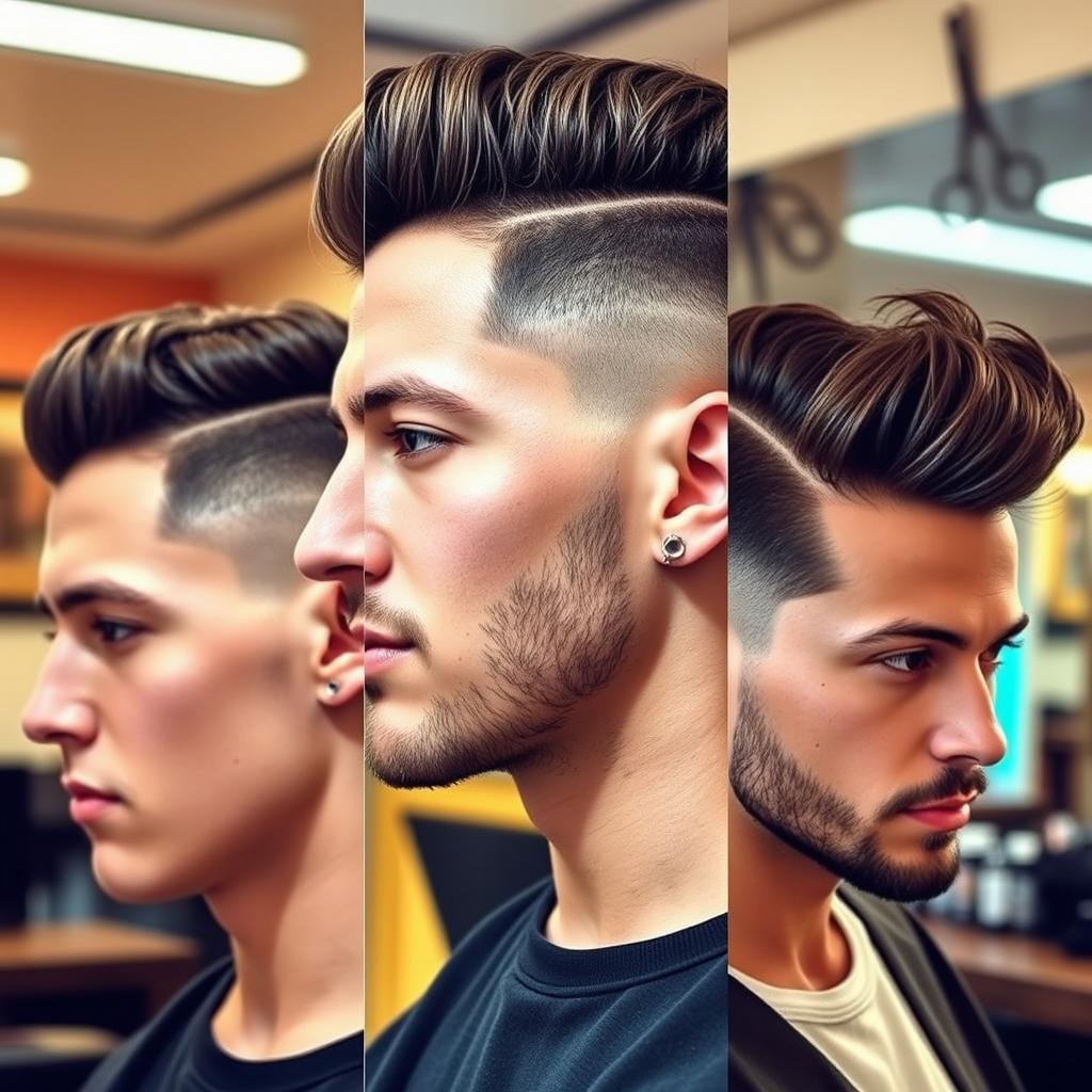 A stylish selection of men hairstyles featuring a modern undercut, a textured pompadour, and a classic quiff