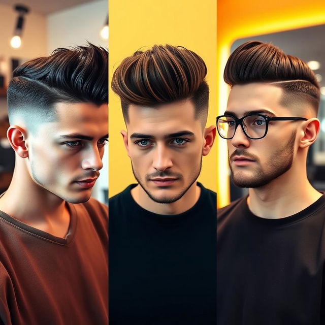 A stylish selection of men hairstyles featuring a modern undercut, a textured pompadour, and a classic quiff