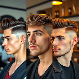 A stylish selection of men hairstyles featuring a modern undercut, a textured pompadour, and a classic quiff