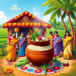 A vibrant celebration of the Pongal festival, showcasing a traditional South Indian home decorated with colorful kolams (rangoli) at the entrance
