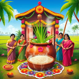 A vibrant celebration of the Pongal festival, showcasing a traditional South Indian home decorated with colorful kolams (rangoli) at the entrance