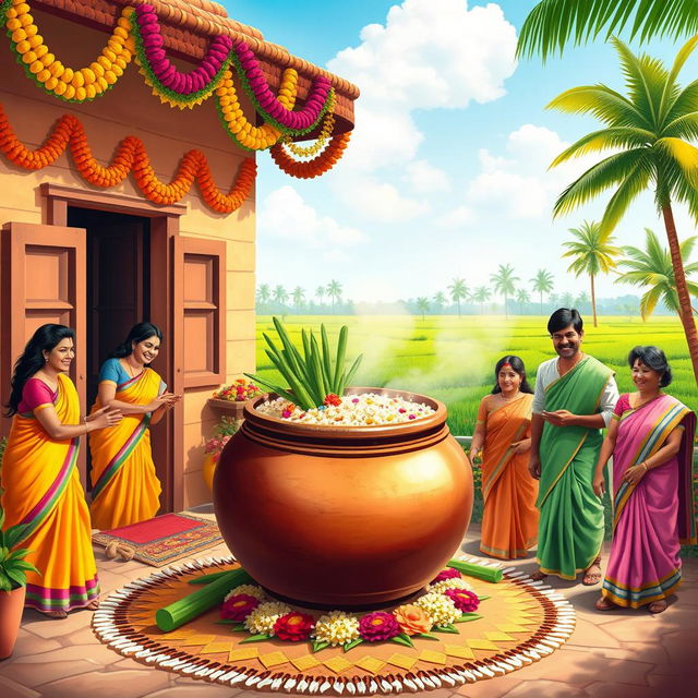 A vibrant celebration of the Pongal festival, showcasing a traditional South Indian home decorated with colorful kolams (rangoli) at the entrance