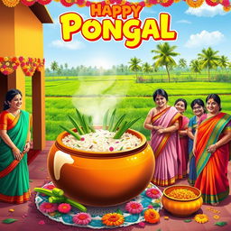 A vibrant celebration of the Pongal festival, showcasing a traditional South Indian home decorated with colorful kolams (rangoli) at the entrance