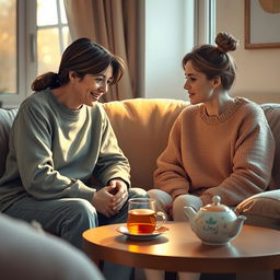 A touching and intimate scene depicting two close friends seated in a cozy, warmly lit living room setting