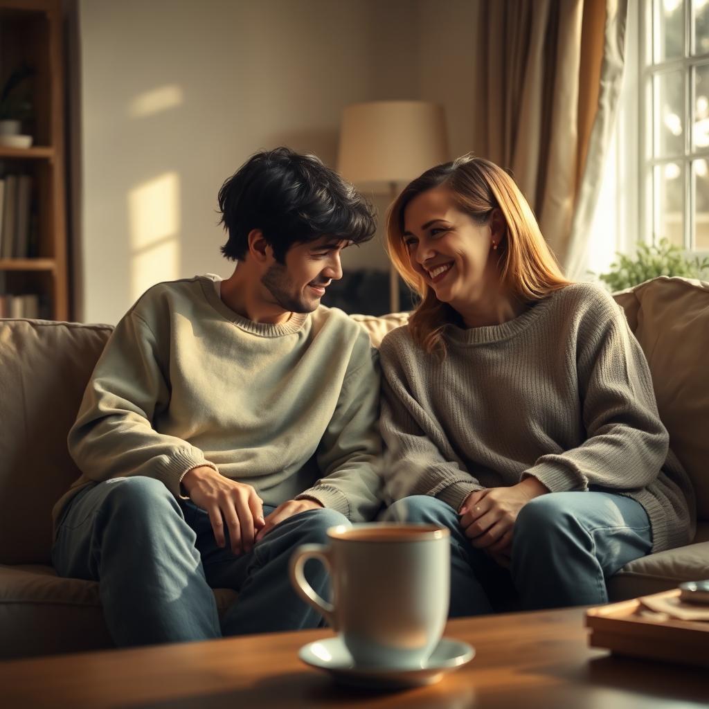 A touching and intimate scene depicting two close friends seated in a cozy, warmly lit living room setting