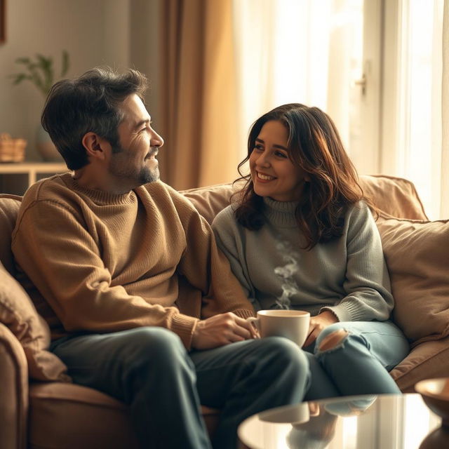 A touching and intimate scene depicting two close friends seated in a cozy, warmly lit living room setting