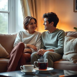 A touching and intimate scene depicting two close friends seated in a cozy, warmly lit living room setting